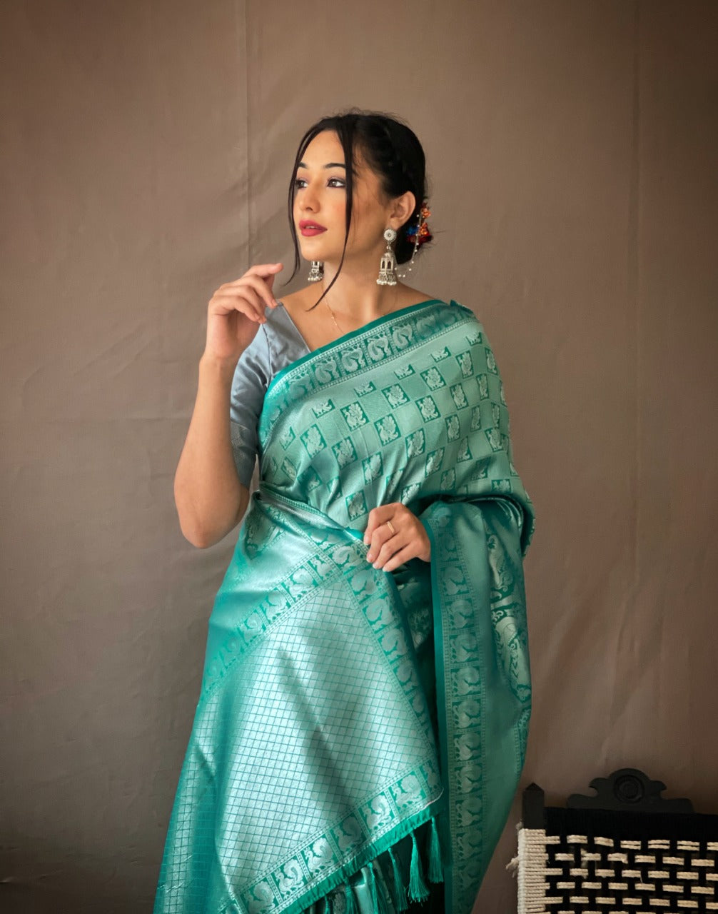 Aqua Blue Pure Bandhej Silk Saree with Silver Zari Weaving